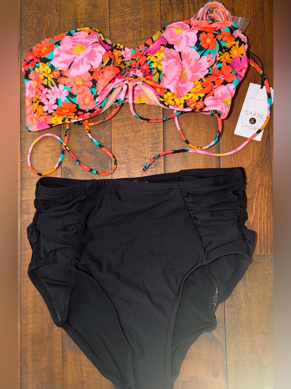 Shade & Shore Multicolor Floral Bandeau Top with Black High-Waist Bottoms